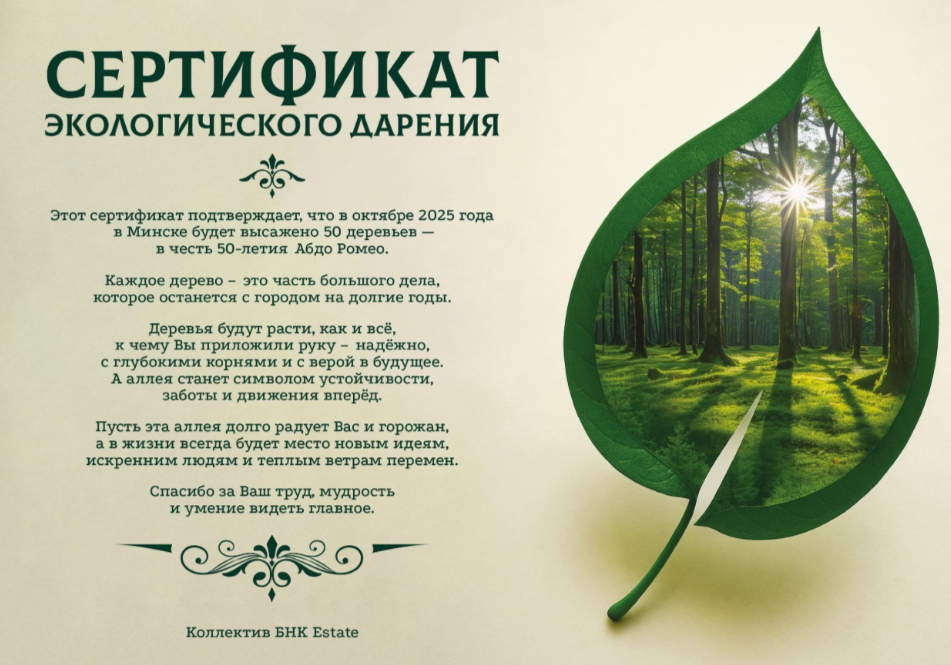 Сертификат экологического дарения: 50 деревьев в честь 50-летия Абду Ромео
